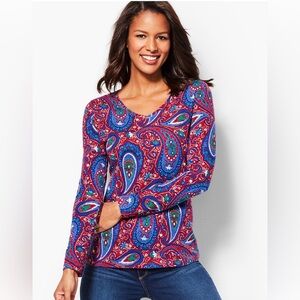 Talbots Top Paisley Print Tee 2X Red Multi Long Sleeve V- Neck Stretch Cotton